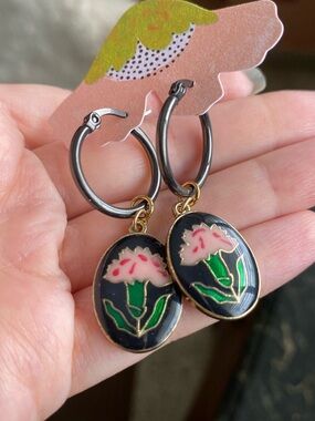 Free people Black Hoop Earrings with Pink Floral Enamel Pendants